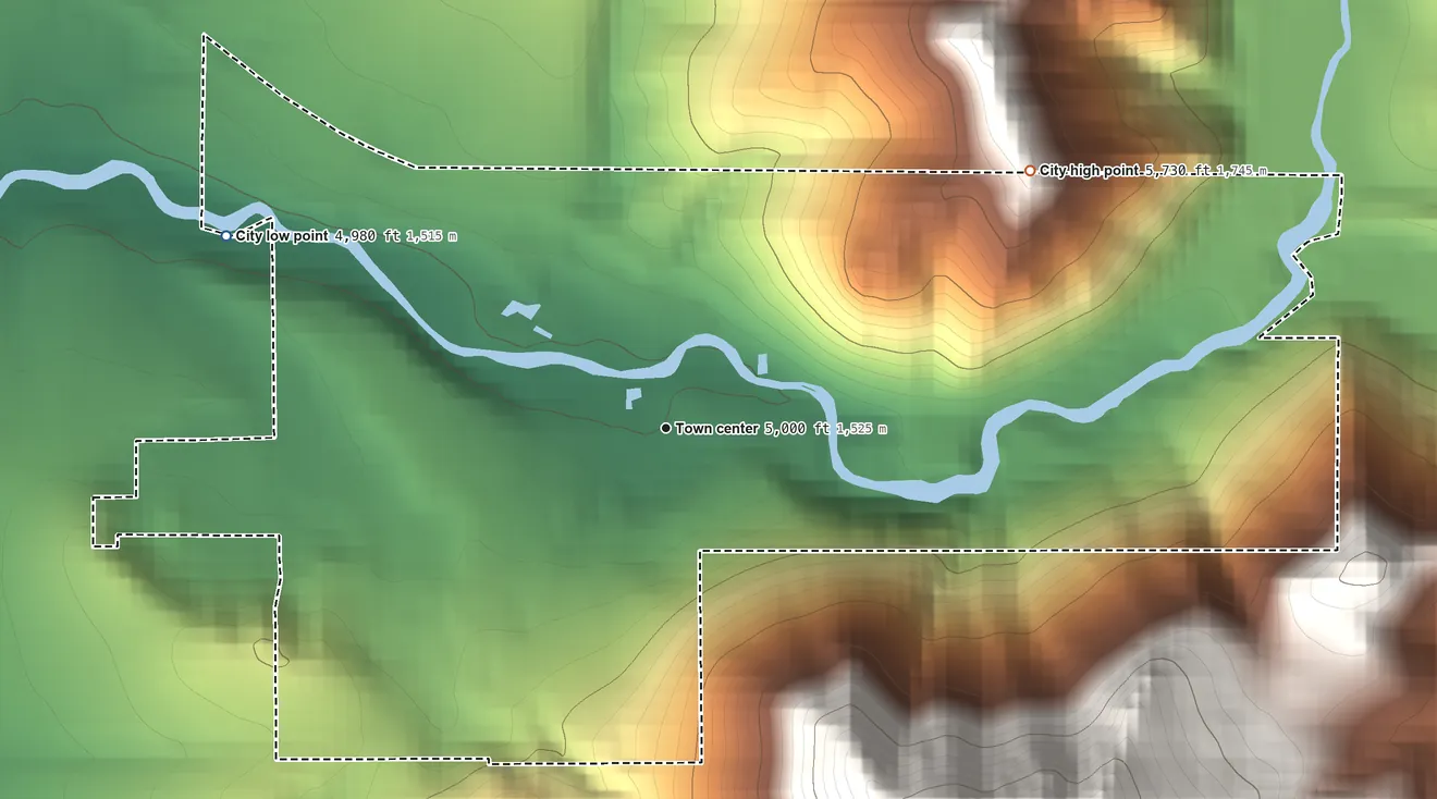 Topographic elevation map of Lava Hot Springs, Idaho, shaded from 4,980 ft on the northwest side to 5,730 ft at the foot of the Fish Creek Range
