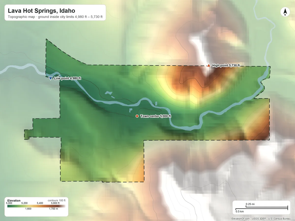 Topographic elevation map of Lava Hot Springs, Idaho, shaded from 4,980 ft on the northwest side to 5,730 ft at the foot of the Fish Creek Range