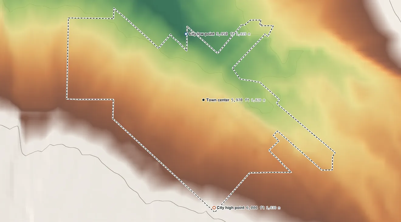 Topographic elevation map of Leadore, Idaho, shaded from 5,950 ft on the north side to 6,000 ft on the south side