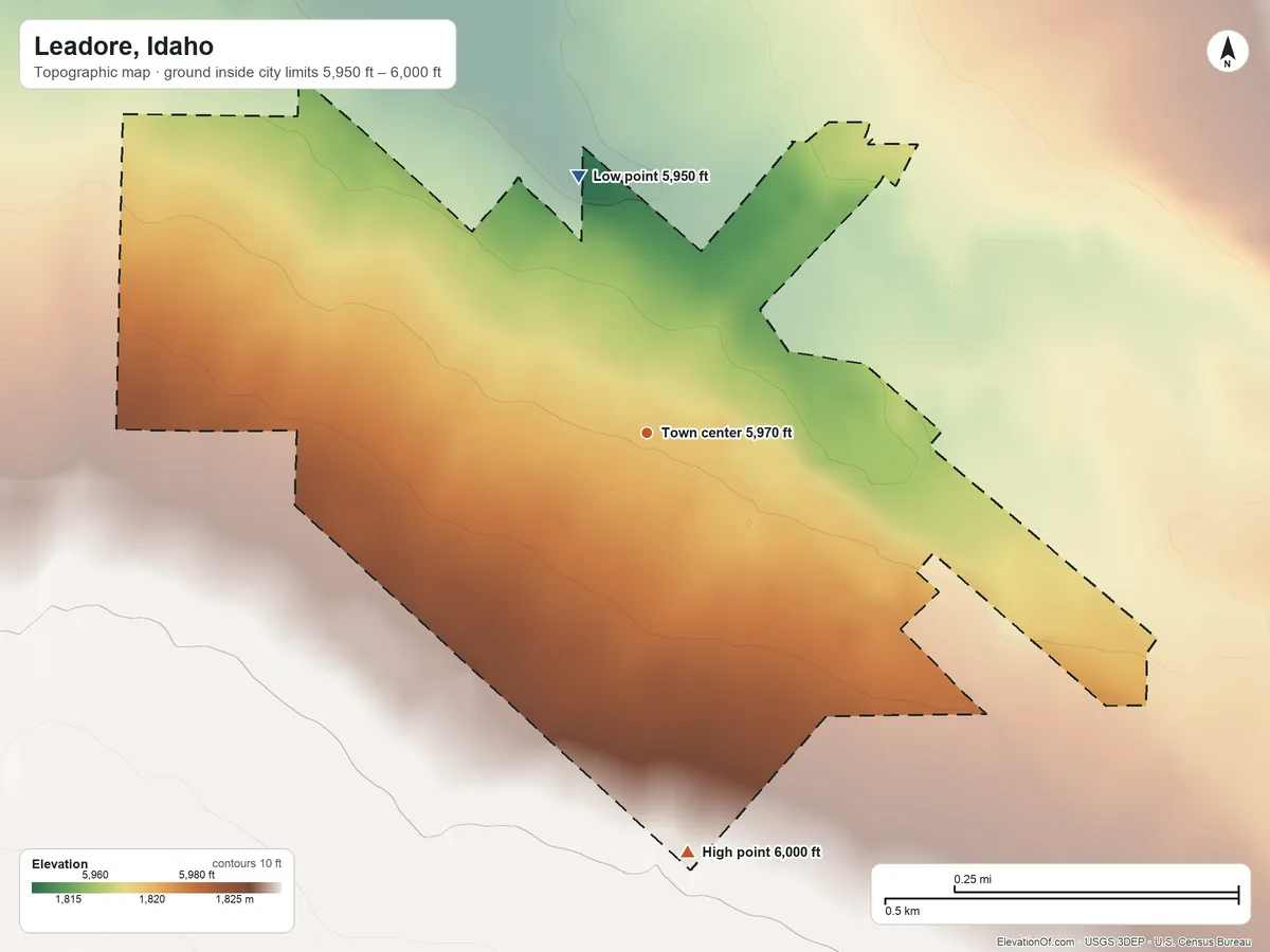 Topographic elevation map of Leadore, Idaho, shaded from 5,950 ft on the north side to 6,000 ft on the south side