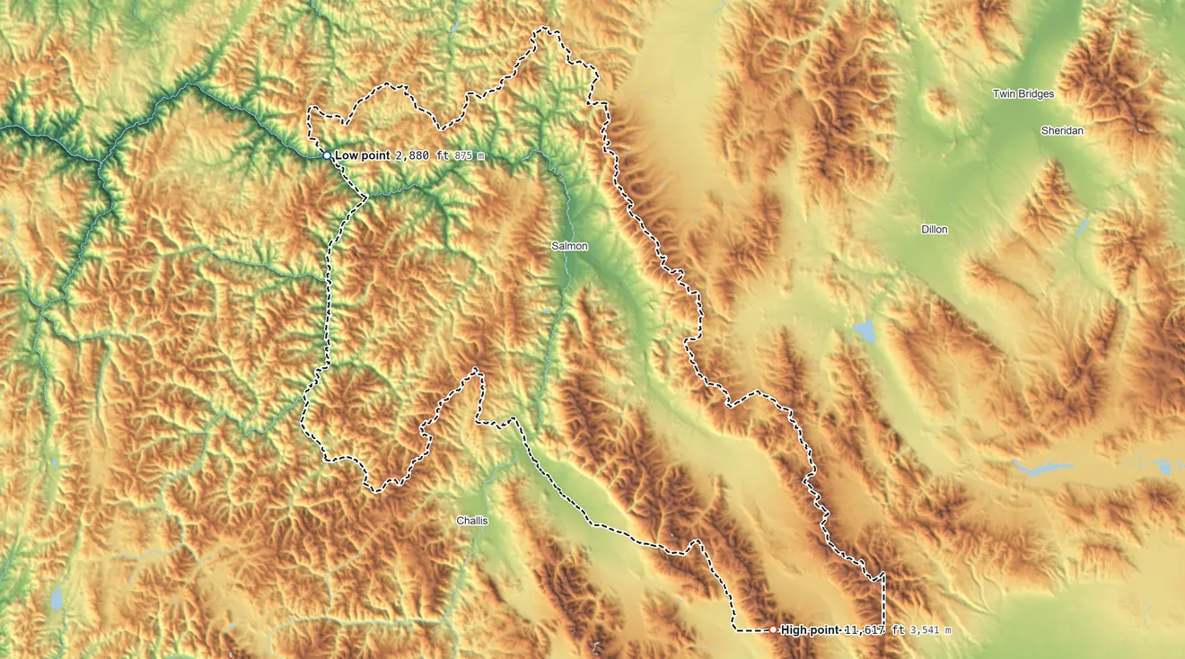 Topographic elevation map of Lemhi County, Idaho, shaded from 2,880 ft on the northwest side to 11,617 ft on Bell Mountain