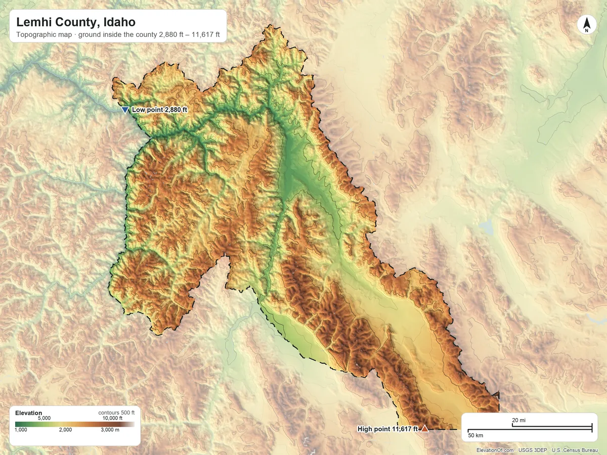 Topographic elevation map of Lemhi County, Idaho, shaded from 2,880 ft on the northwest side to 11,617 ft on Bell Mountain