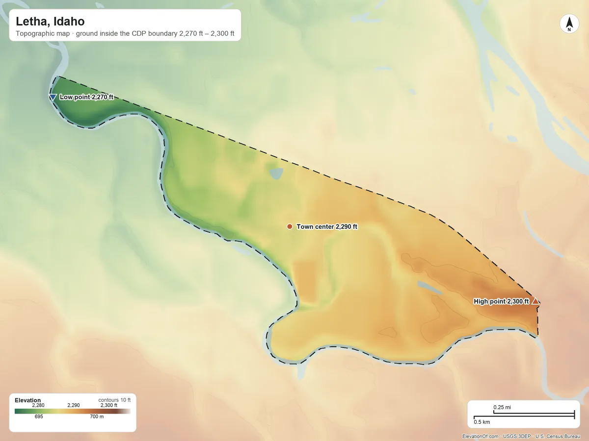 Topographic elevation map of Letha, Idaho, shaded from 2,270 ft on the northwest side to 2,300 ft on the east side