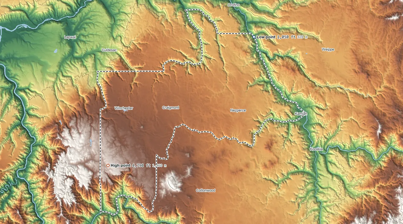 Topographic elevation map of Lewis County, Idaho, shaded from 1,050 ft on the northeast side to 4,790 ft on the southwest side