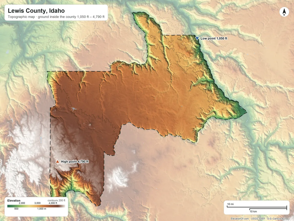 Topographic elevation map of Lewis County, Idaho, shaded from 1,050 ft on the northeast side to 4,790 ft on the southwest side