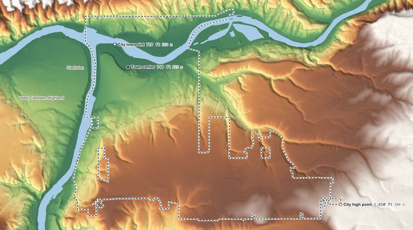 Topographic elevation map of Lewiston, Idaho, shaded from 720 ft near the middle to 1,650 ft on the southeast side