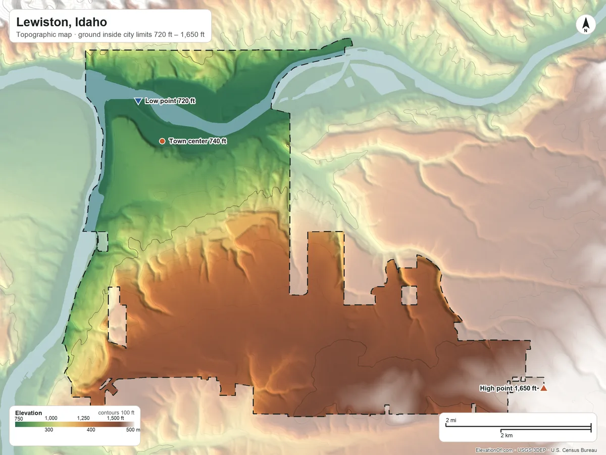 Topographic elevation map of Lewiston, Idaho, shaded from 720 ft near the middle to 1,650 ft on the southeast side