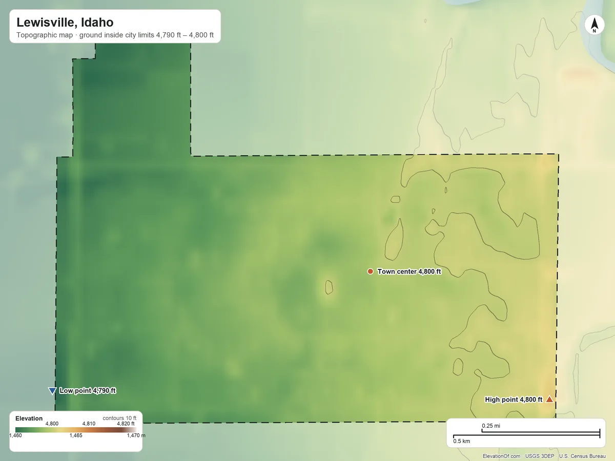 Topographic elevation map of Lewisville, Idaho, shaded from 4,790 ft on the west side to 4,800 ft on the southeast side