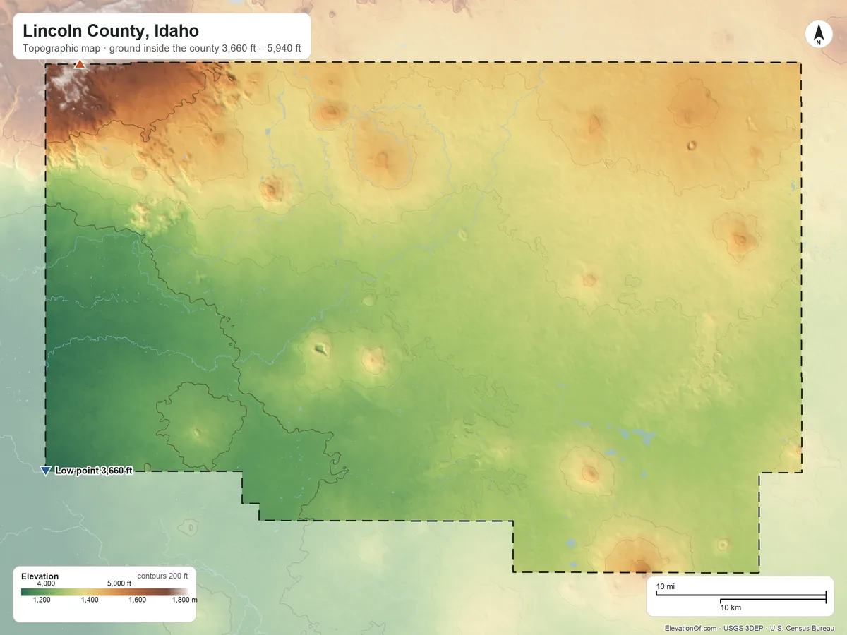 Topographic elevation map of Lincoln County, Idaho, shaded from 3,660 ft on the west side to 5,940 ft on the northwest side