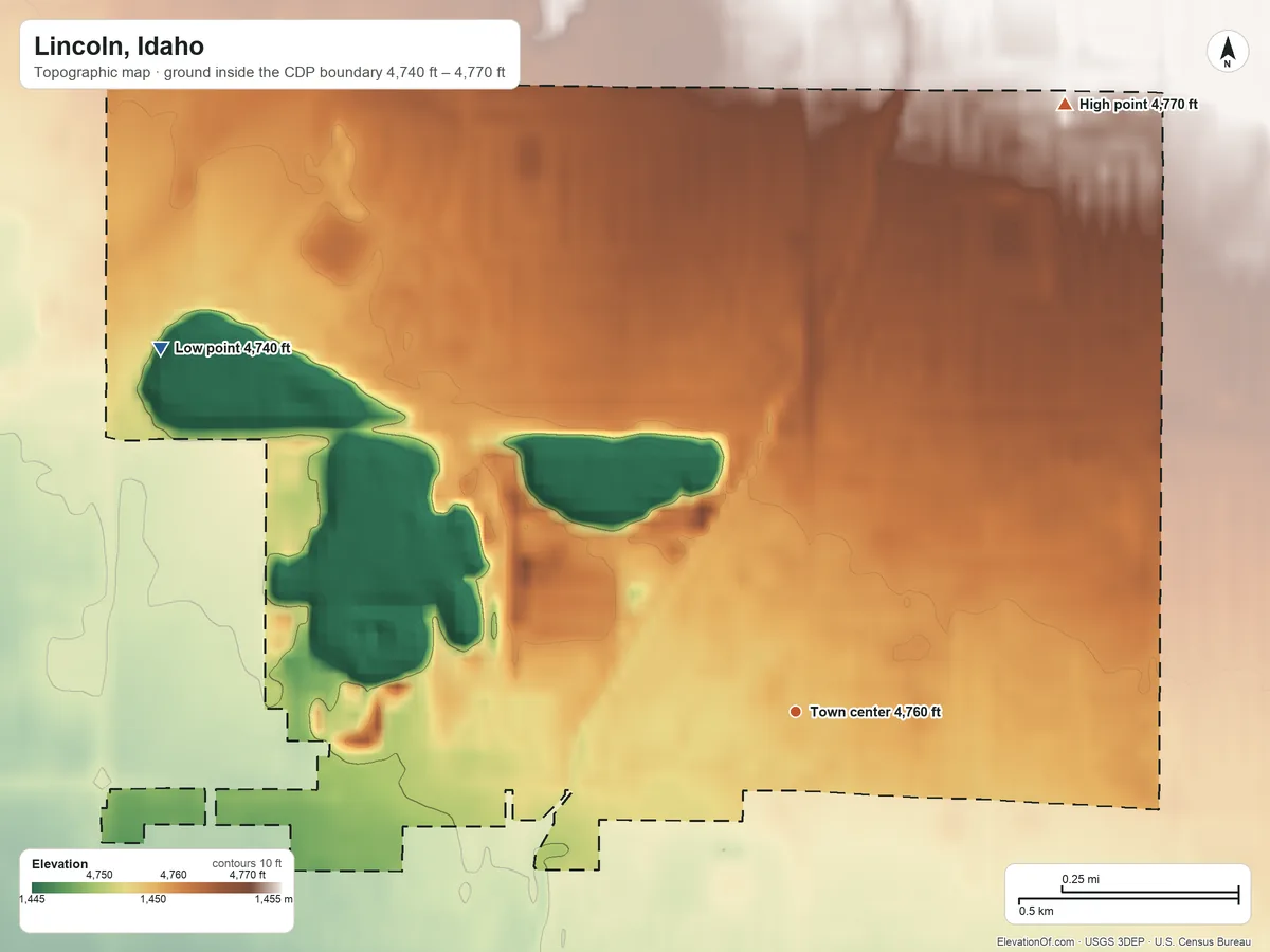 Topographic elevation map of Lincoln, Idaho, shaded from 4,740 ft on the northwest side to 4,770 ft on the northeast side