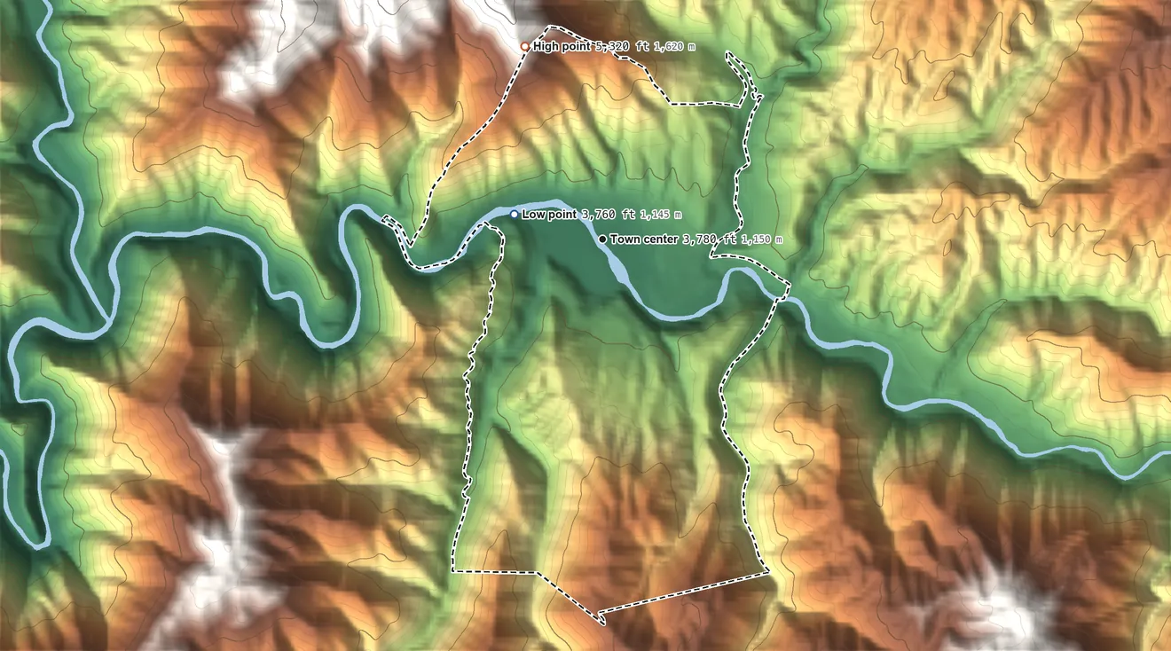 Topographic elevation map of Lowman, Idaho, shaded from 3,760 ft on the west side to 5,320 ft on the north edge, below higher ground just outside