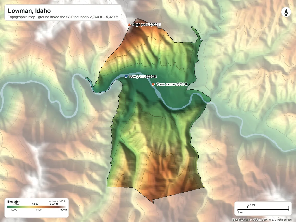 Topographic elevation map of Lowman, Idaho, shaded from 3,760 ft on the west side to 5,320 ft on the north edge, below higher ground just outside