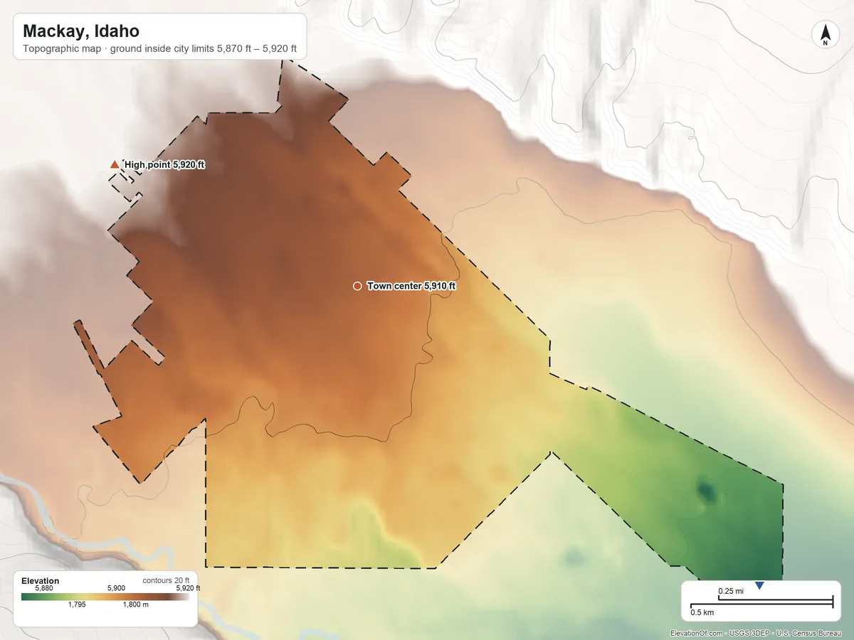 Topographic elevation map of Mackay, Idaho, shaded from 5,870 ft on the southeast side to 5,920 ft at the foot of the White Knob Mountains