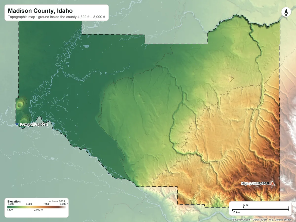 Topographic elevation map of Madison County, Idaho, shaded from 4,800 ft on the west side to 8,090 ft on Red Butte