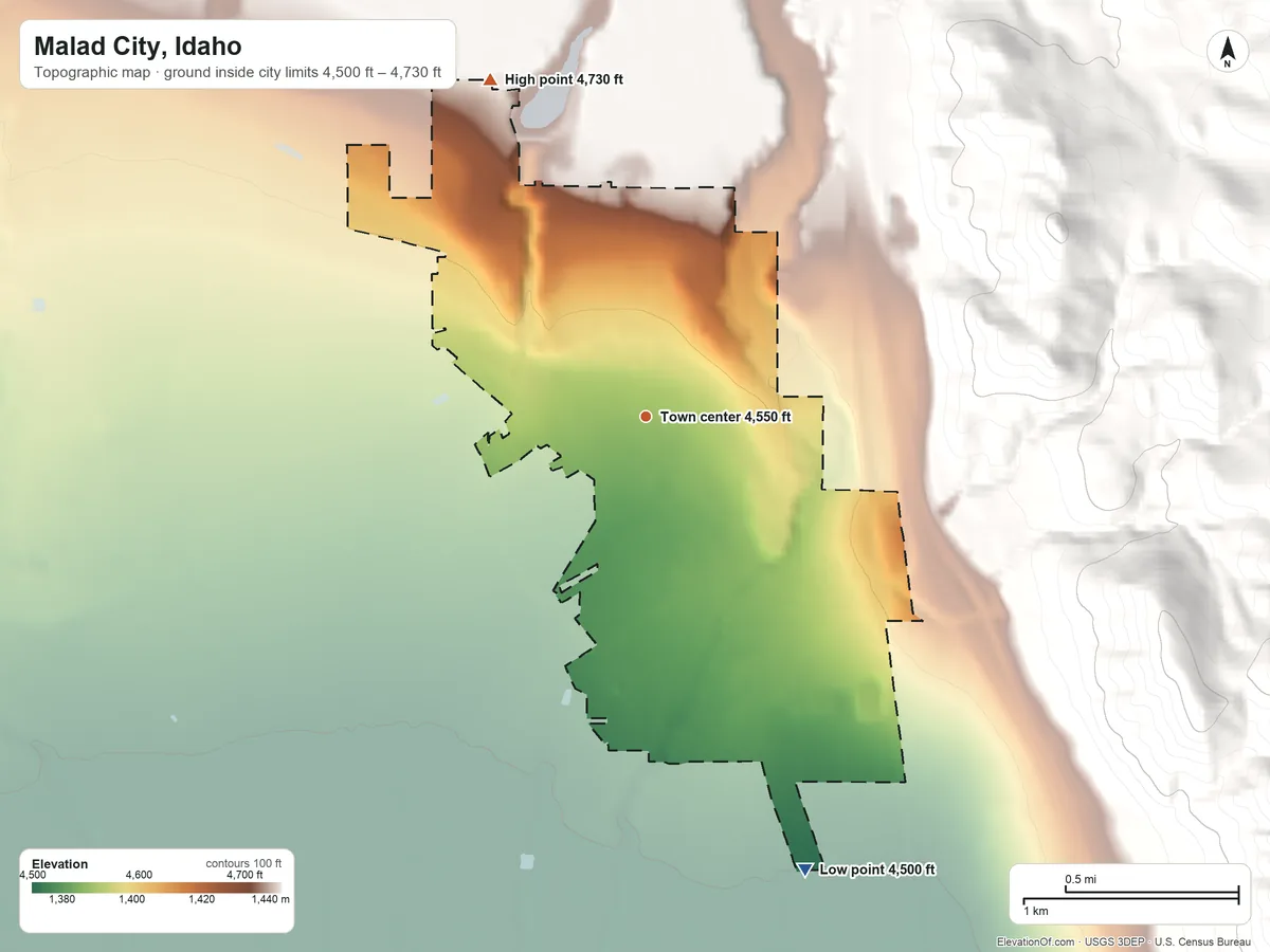 Topographic elevation map of Malad City, Idaho, shaded from 4,500 ft on the south side to 4,730 ft at the foot of the Samaria Mountains