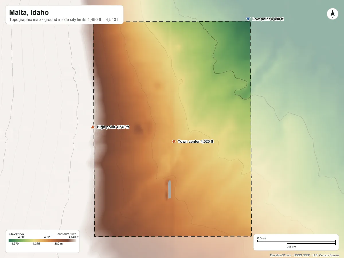Topographic elevation map of Malta, Idaho, shaded from 4,490 ft on the northeast side to 4,540 ft at the foot of the Cotterel Mountains