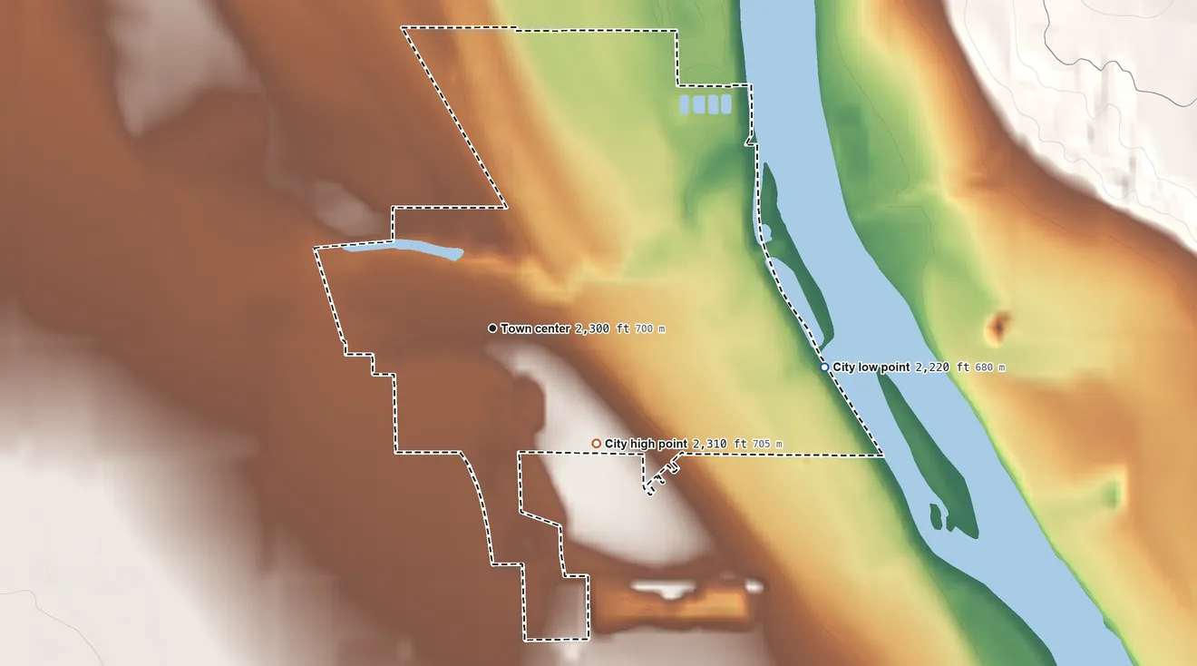 Topographic elevation map of Marsing, Idaho, shaded from 2,220 ft on the east side to 2,310 ft on the southeast side