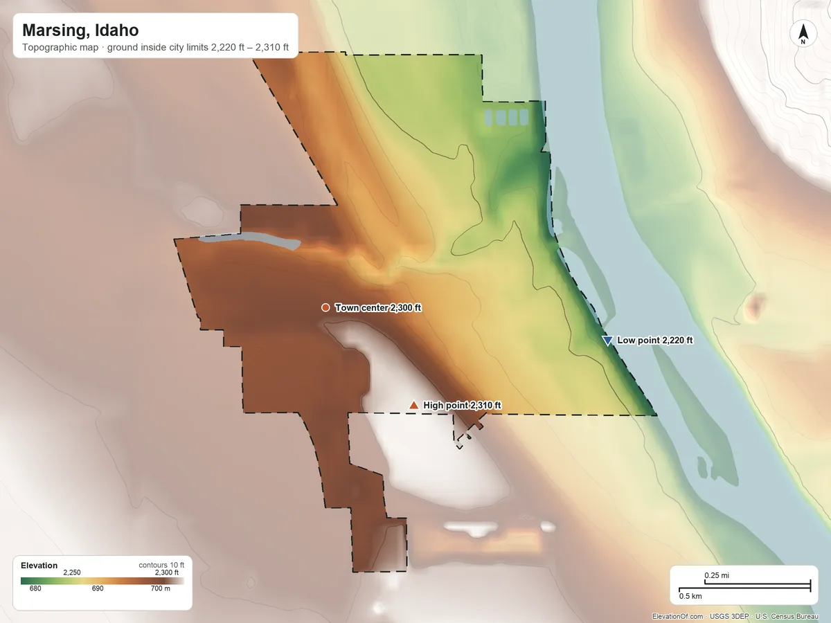 Topographic elevation map of Marsing, Idaho, shaded from 2,220 ft on the east side to 2,310 ft on the southeast side