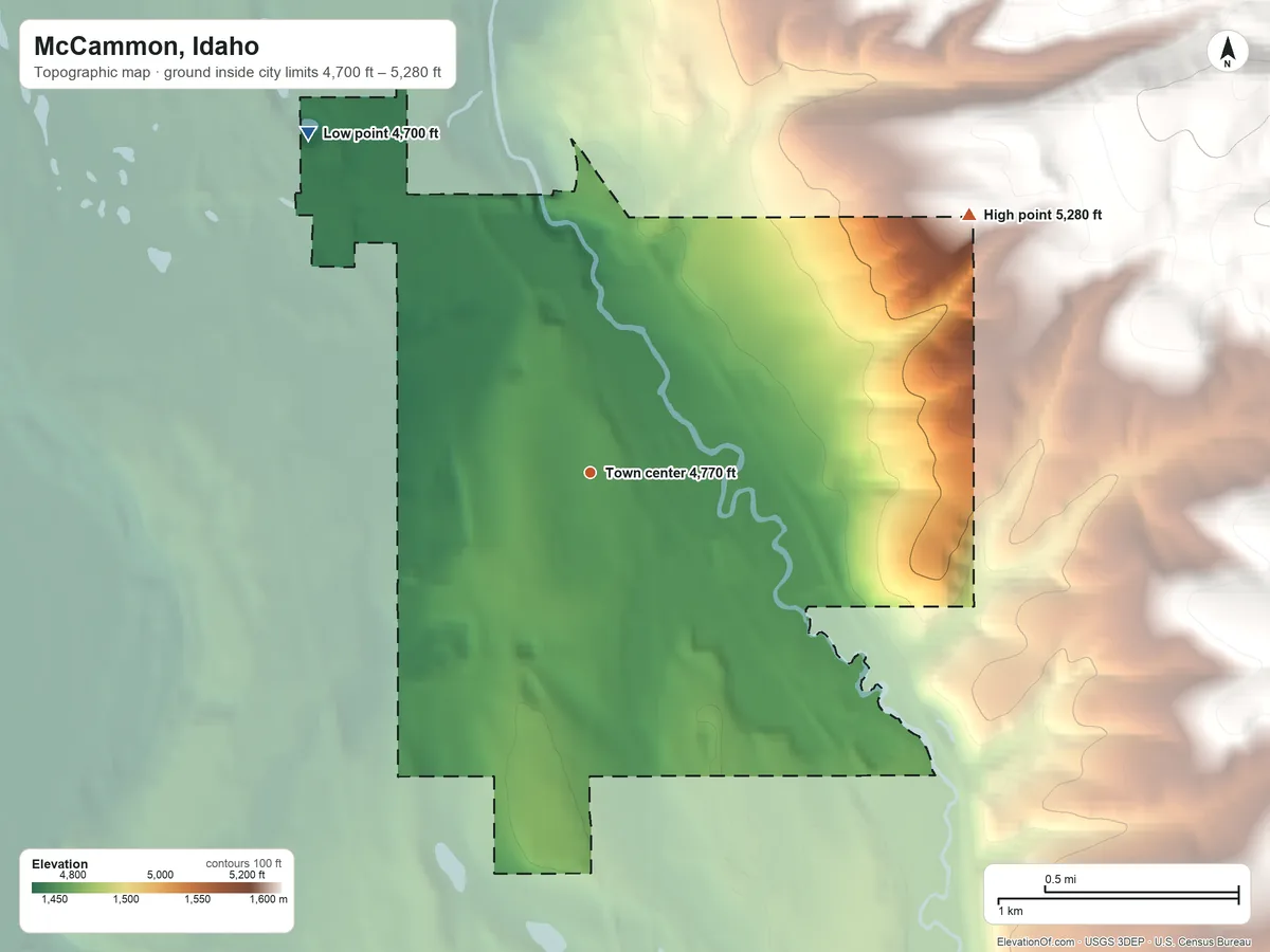 Topographic elevation map of McCammon, Idaho, shaded from 4,700 ft on the northwest side to 5,280 ft at the foot of the Portneuf Range