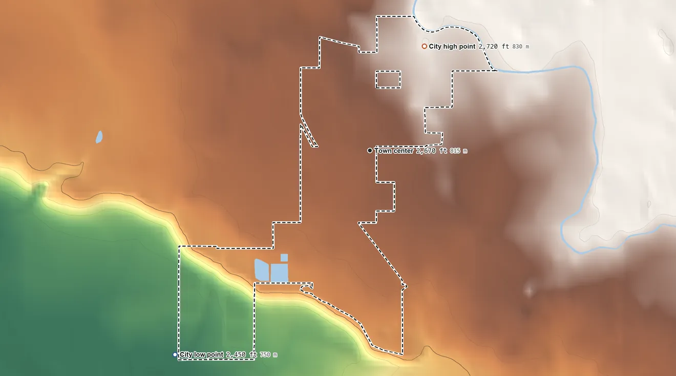 Topographic elevation map of Melba, Idaho, shaded from 2,450 ft on the southwest side to 2,720 ft on the northeast side
