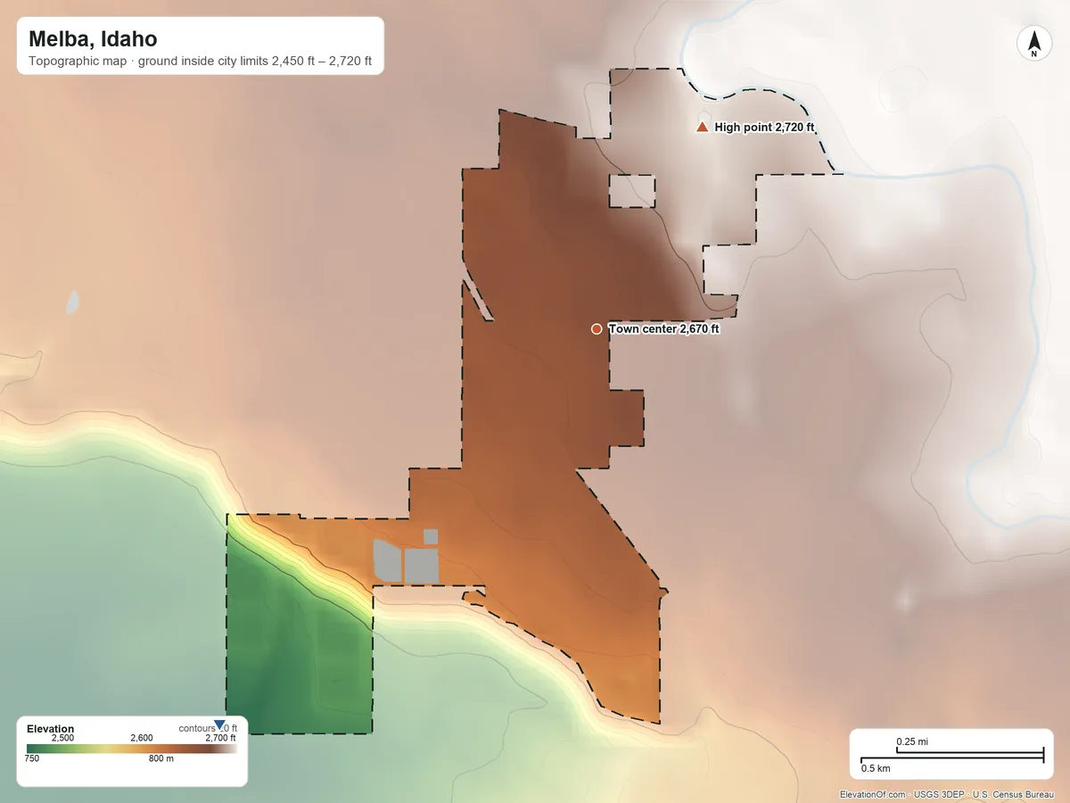 Topographic elevation map of Melba, Idaho, shaded from 2,450 ft on the southwest side to 2,720 ft on the northeast side