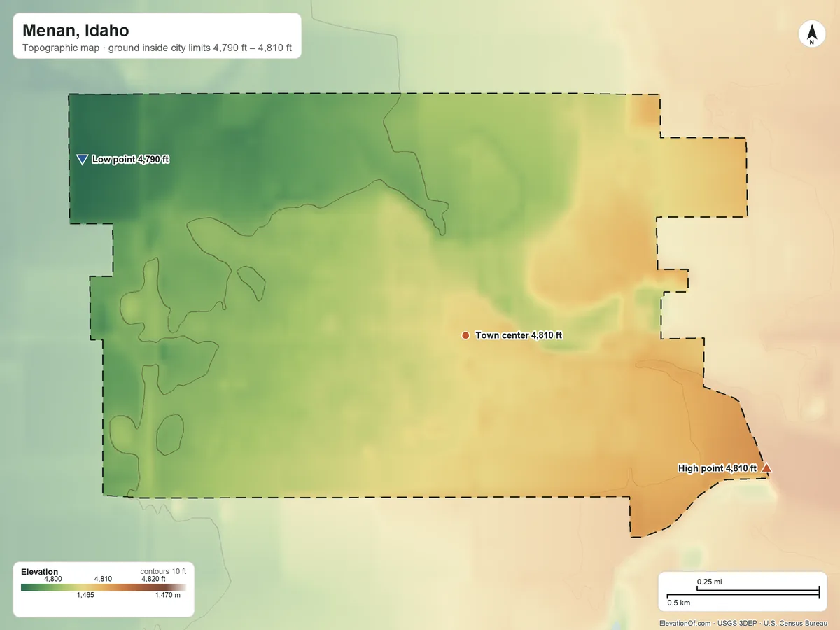 Topographic elevation map of Menan, Idaho, shaded from 4,790 ft on the northwest side to 4,810 ft on the southeast side