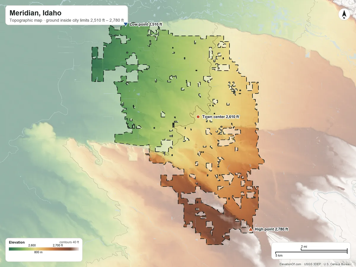 Topographic elevation map of Meridian, Idaho, shaded from 2,510 ft on the northwest side to 2,780 ft on the southeast side