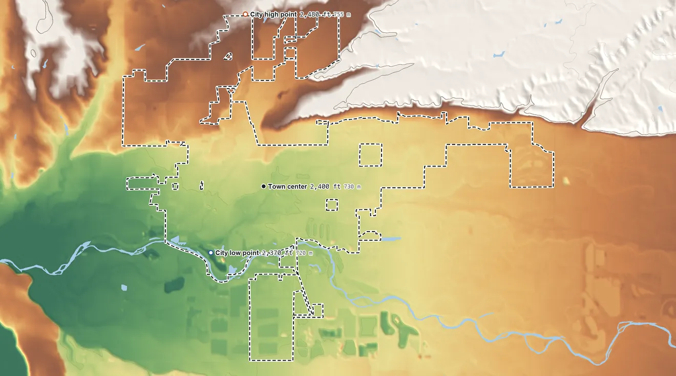 Topographic elevation map of Middleton, Idaho, shaded from 2,370 ft on the southwest side to 2,480 ft on the north side