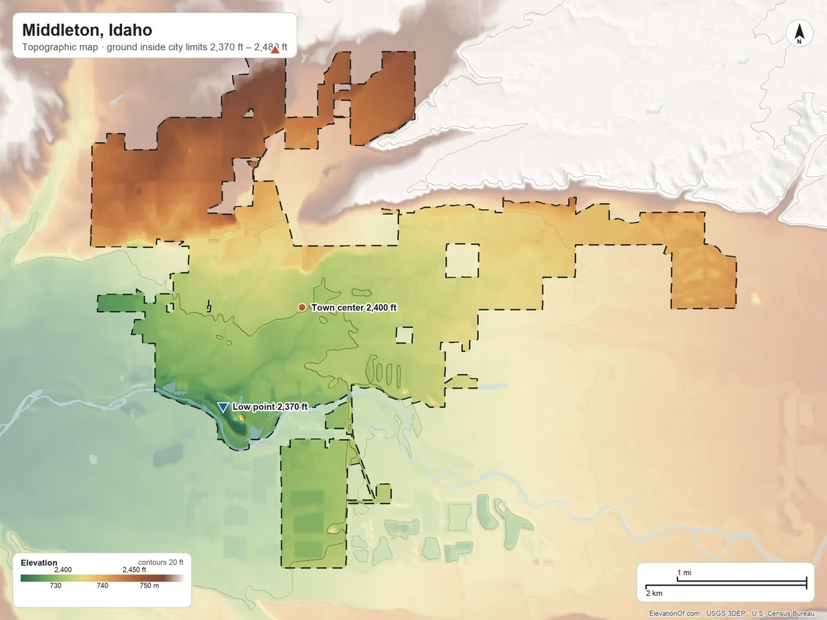 Topographic elevation map of Middleton, Idaho, shaded from 2,370 ft on the southwest side to 2,480 ft on the north side