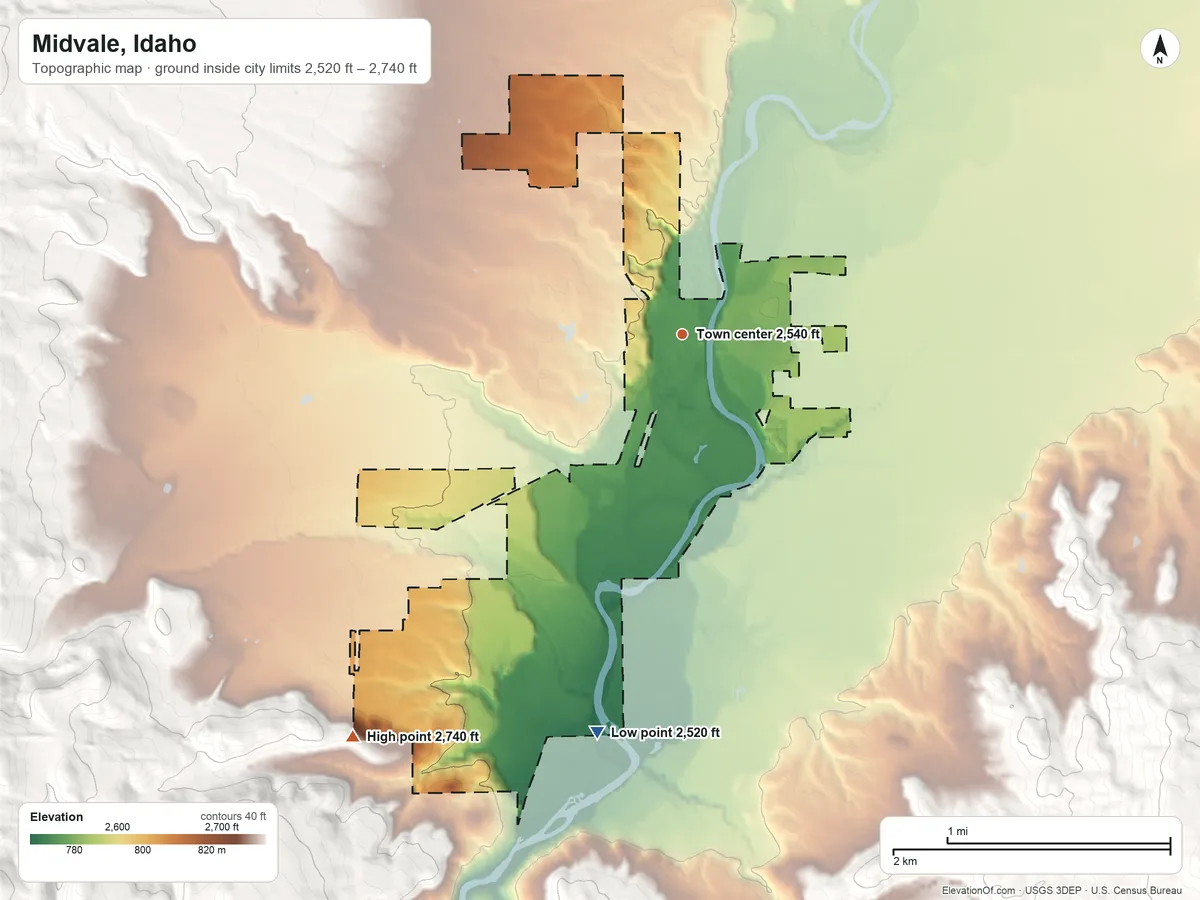 Topographic elevation map of Midvale, Idaho, shaded from 2,520 ft on the south side to 2,740 ft at the foot of the Hitt Mountains