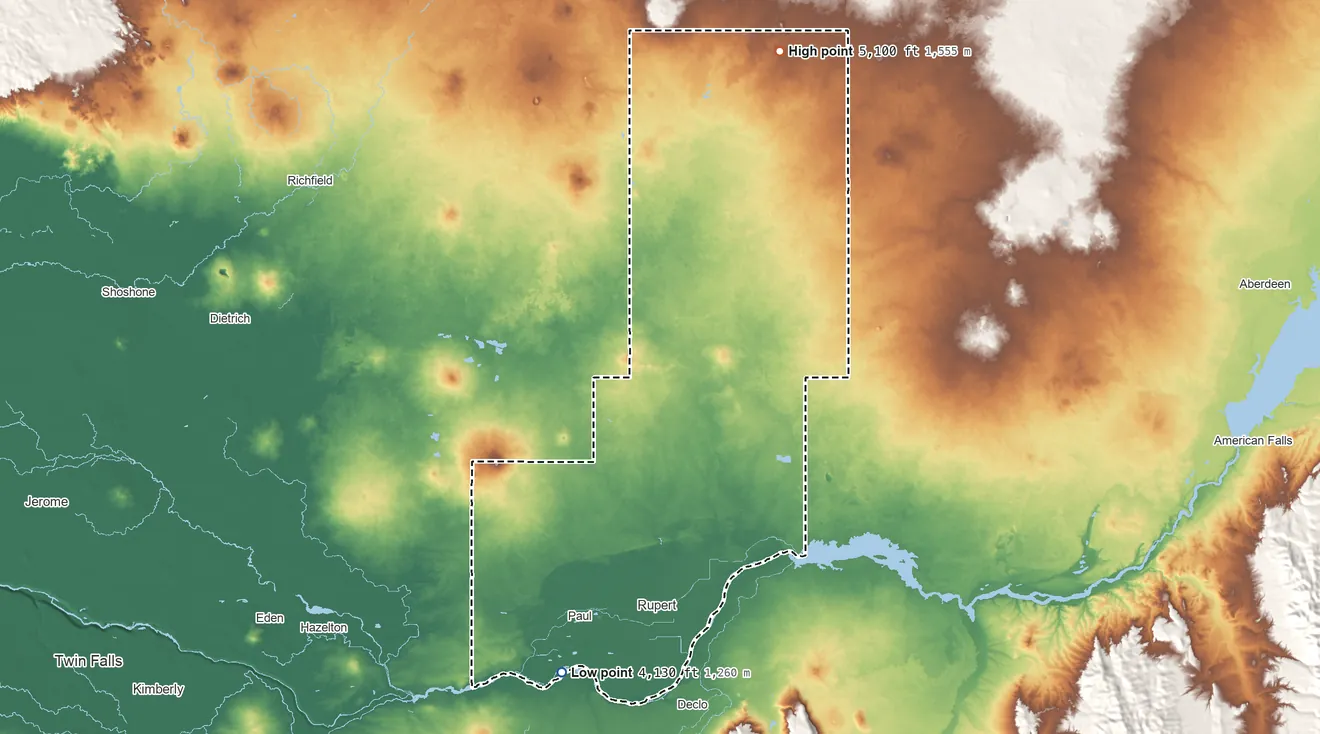 Topographic elevation map of Minidoka County, Idaho, shaded from 4,130 ft on the south side to 5,100 ft on Bear Den Butte