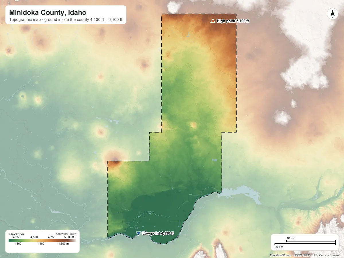 Topographic elevation map of Minidoka County, Idaho, shaded from 4,130 ft on the south side to 5,100 ft on Bear Den Butte