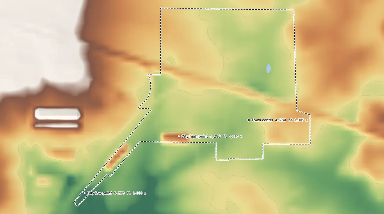 Topographic elevation map of Minidoka, Idaho, shaded from 4,270 ft on the southwest side to 4,290 ft on the west side
