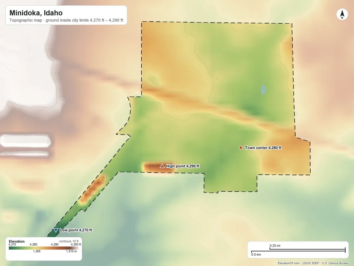 Topographic elevation map of Minidoka, Idaho, shaded from 4,270 ft on the southwest side to 4,290 ft on the west side
