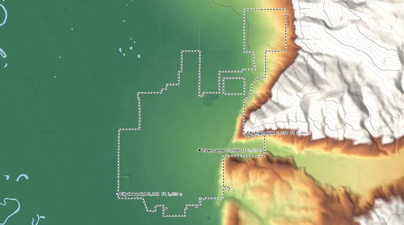 Topographic elevation map of Montpelier, Idaho, shaded from 5,940 ft on the southwest side to 6,370 ft at the foot of the Sheep Creek Hills