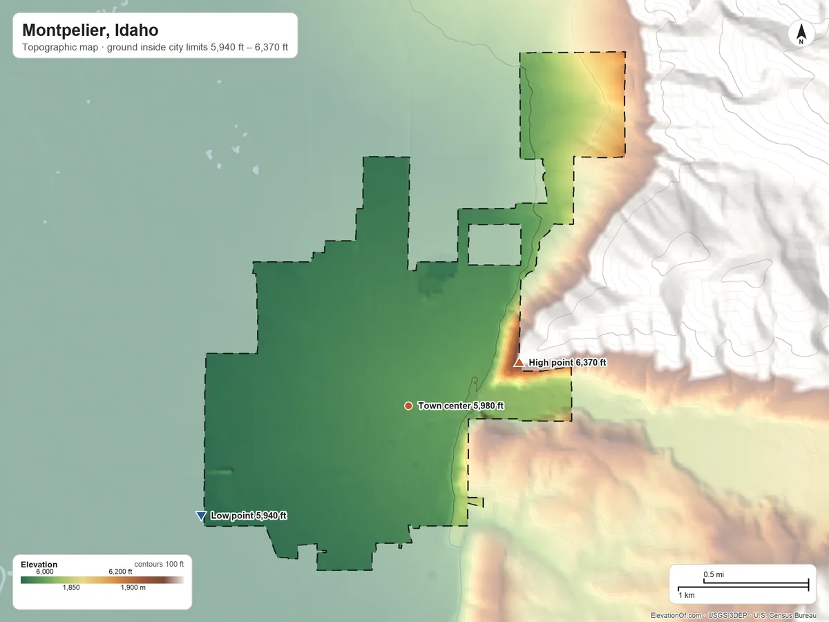 Topographic elevation map of Montpelier, Idaho, shaded from 5,940 ft on the southwest side to 6,370 ft at the foot of the Sheep Creek Hills