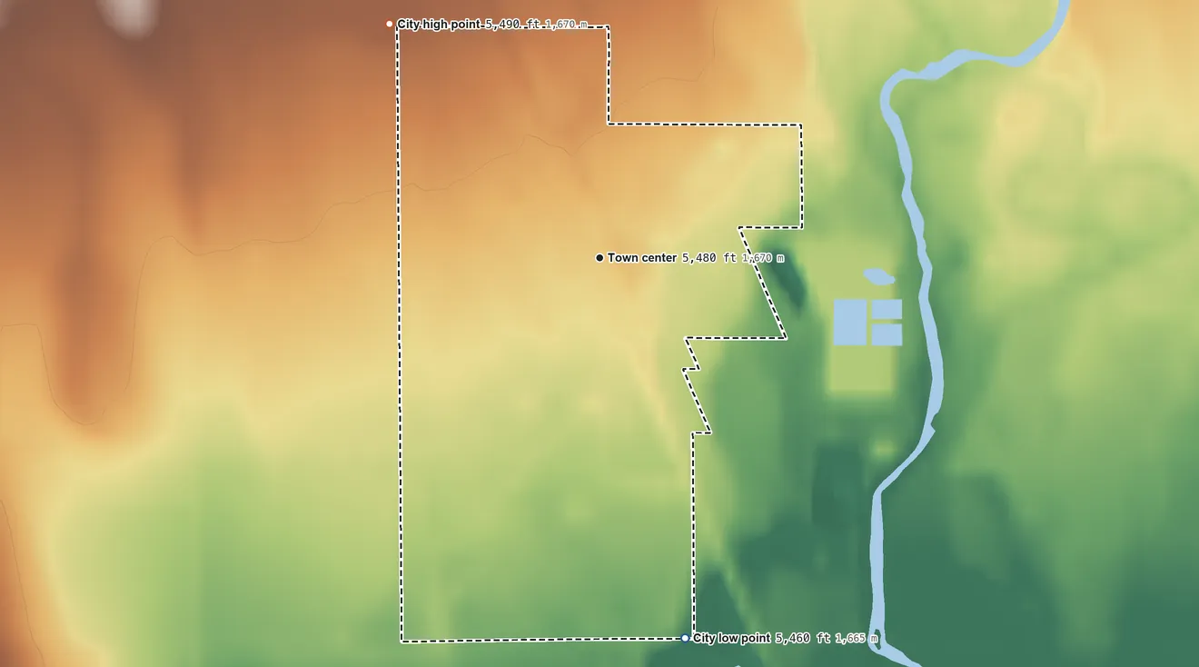 Topographic elevation map of Moore, Idaho, shaded from 5,460 ft on the south side to 5,490 ft at the foot of the Arco Hills