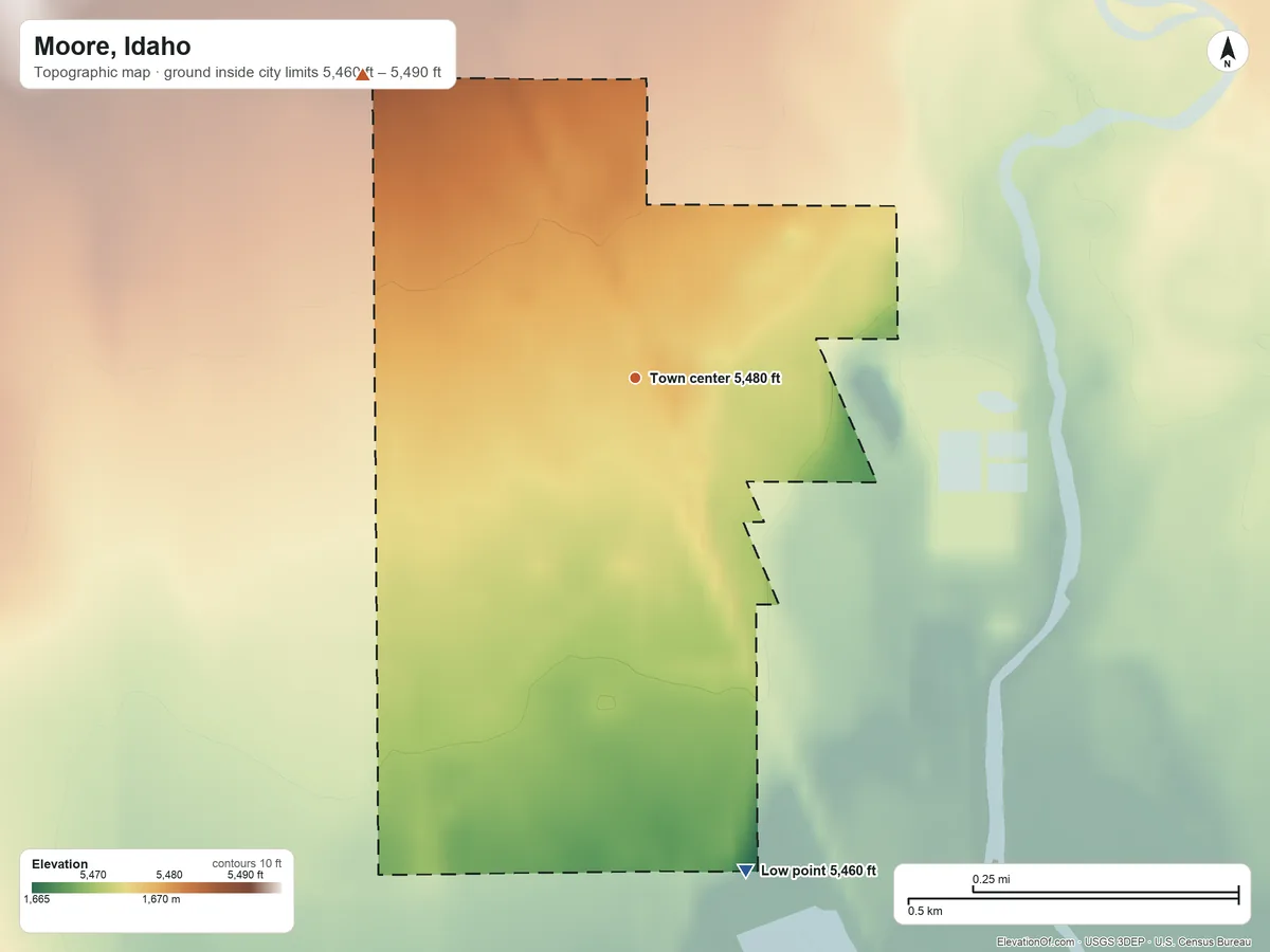 Topographic elevation map of Moore, Idaho, shaded from 5,460 ft on the south side to 5,490 ft at the foot of the Arco Hills