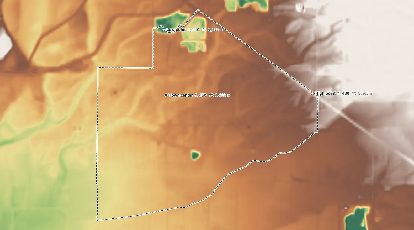 Topographic elevation map of Moreland, Idaho, shaded from 4,440 ft on the north side to 4,480 ft on the east side