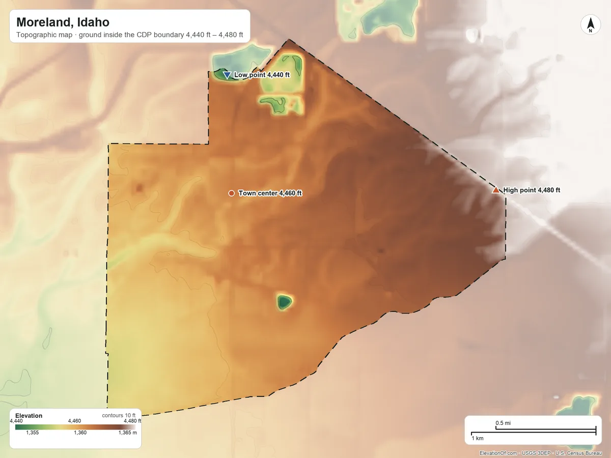 Topographic elevation map of Moreland, Idaho, shaded from 4,440 ft on the north side to 4,480 ft on the east side