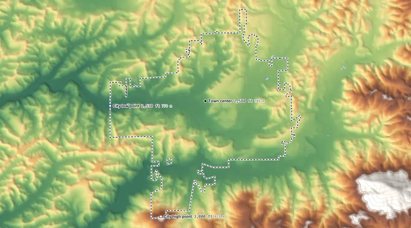Topographic elevation map of Moscow, Idaho, shaded from 2,530 ft on the west side to 3,000 ft on the south side