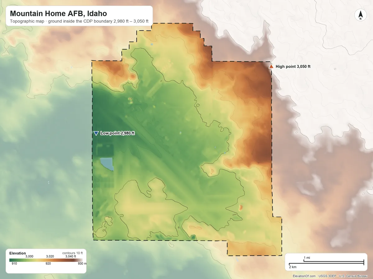Topographic elevation map of Mountain Home AFB, Idaho, shaded from 2,980 ft on the west side to 3,050 ft on the northeast side