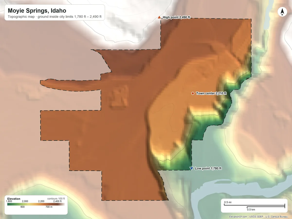 Topographic elevation map of Moyie Springs, Idaho, shaded from 1,780 ft on the south side to 2,490 ft on the northwest edge, below higher ground just outside