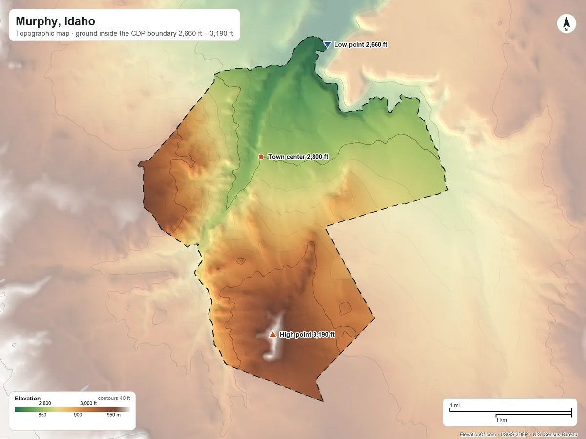 Topographic elevation map of Murphy, Idaho, shaded from 2,660 ft on the northeast side to 3,190 ft on the south side