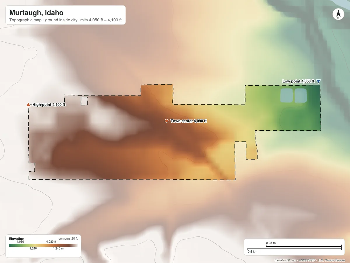 Topographic elevation map of Murtaugh, Idaho, shaded from 4,050 ft on the east side to 4,100 ft on the west side
