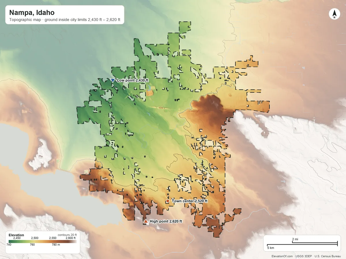 Topographic elevation map of Nampa, Idaho, shaded from 2,430 ft on the northwest side to 2,620 ft on the southwest side
