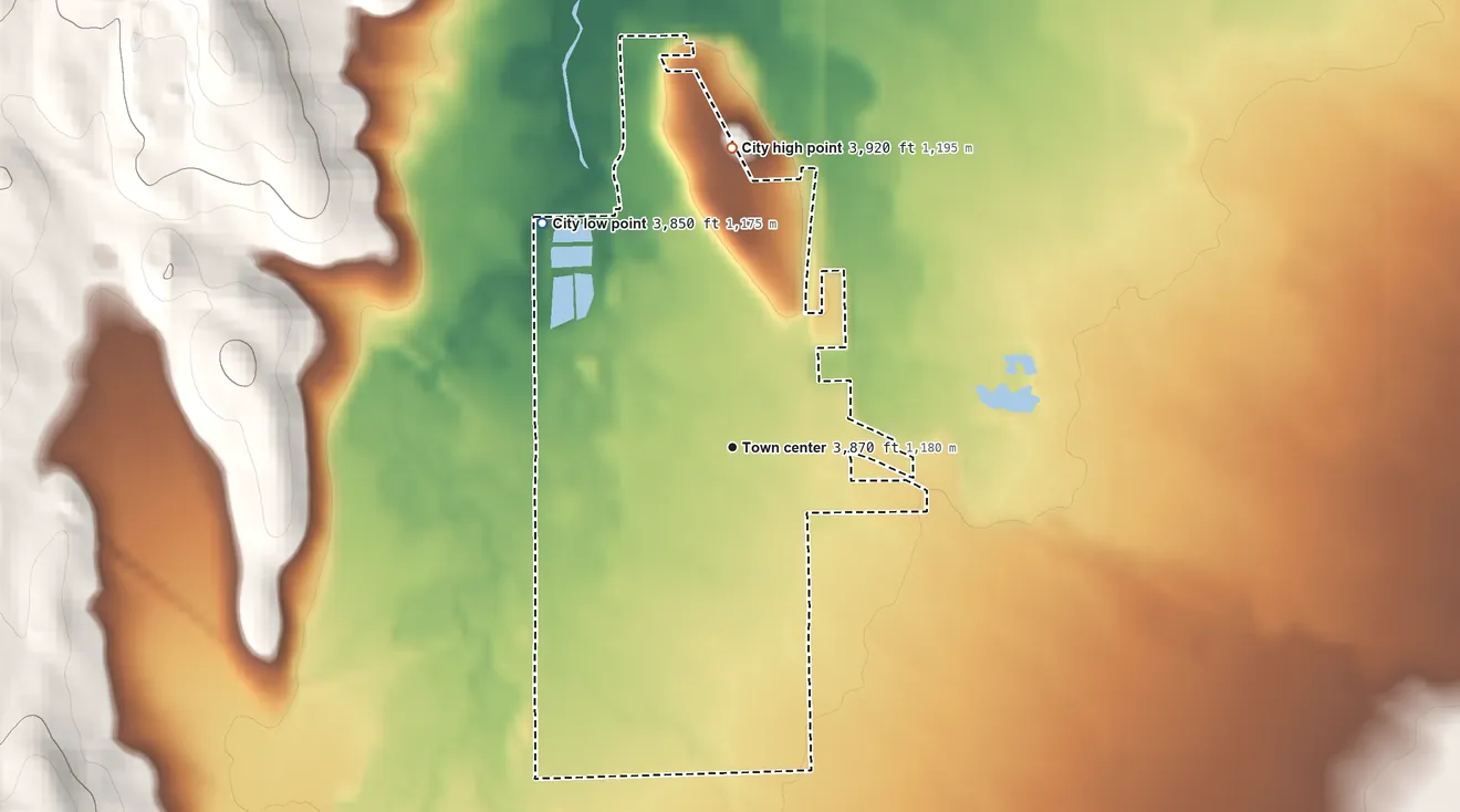 Topographic elevation map of New Meadows, Idaho, shaded from 3,850 ft on the northwest side to 3,920 ft at the foot of the Grass Mountains
