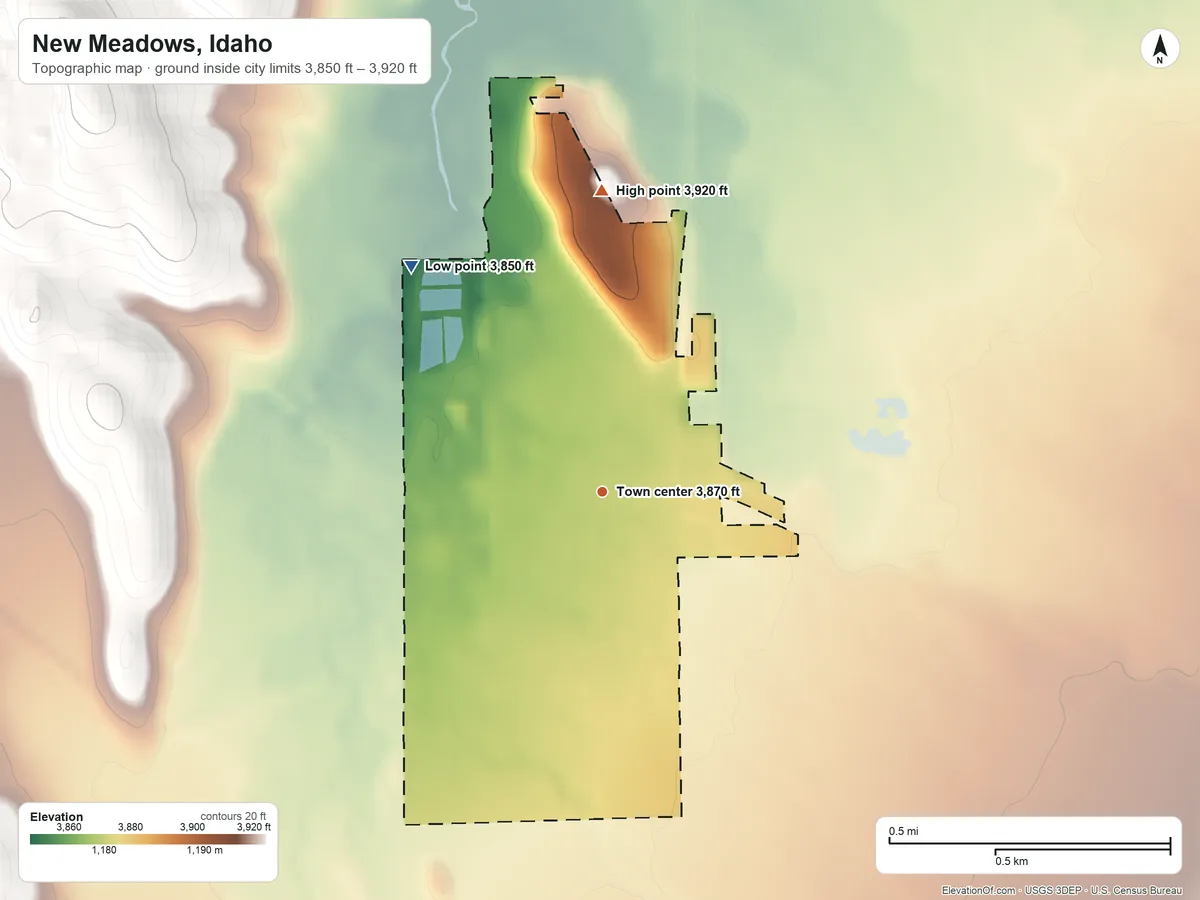 Topographic elevation map of New Meadows, Idaho, shaded from 3,850 ft on the northwest side to 3,920 ft at the foot of the Grass Mountains