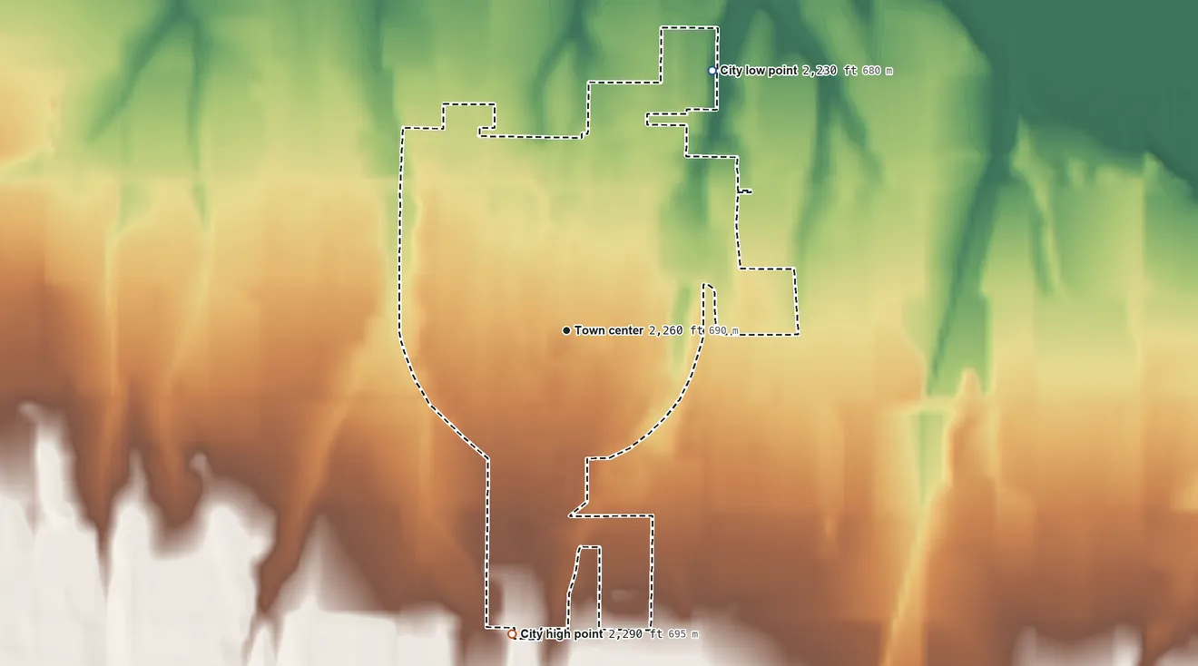 Topographic elevation map of New Plymouth, Idaho, shaded from 2,230 ft on the northeast side to 2,290 ft on the south side