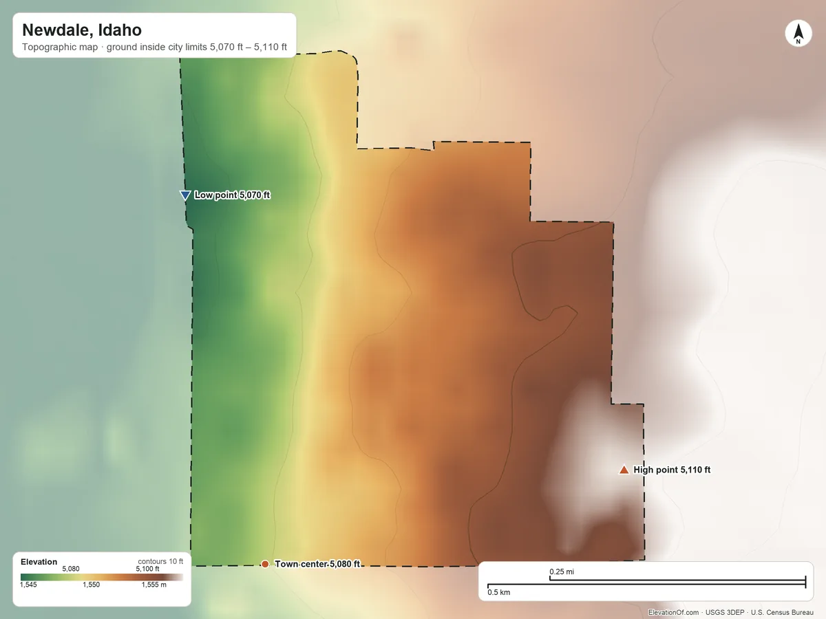 Topographic elevation map of Newdale, Idaho, shaded from 5,070 ft on the north side to 5,110 ft on the east side